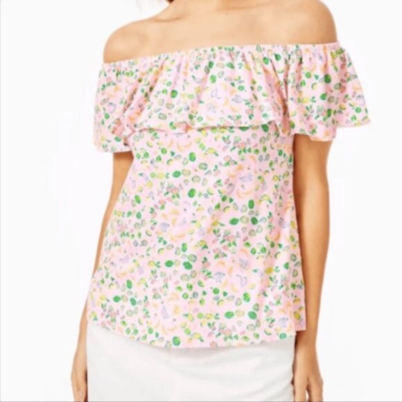 Lilly Pulitzer Tops - Lilly Pulitzer La Fortuna Off Shoulder Ruffle Top XL Pink Fruit Print NWOT